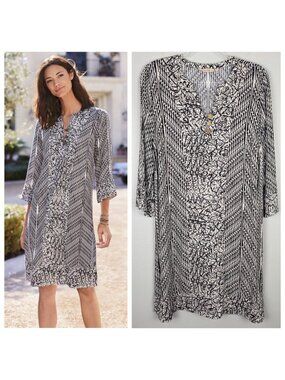Soft Surroundings Printed Lightweight Raven Dress Tunic Off White Black Size L